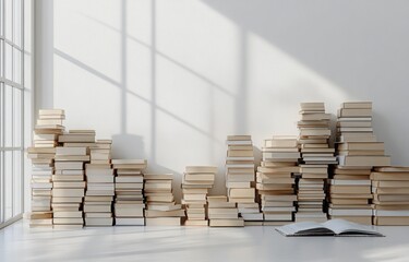 Cozy Reading Nook with Stacked Books and Sunlight Streaming Through Large Windows