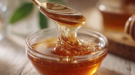 Golden Nectar: Close-up shot of a spoon lifting a stream of glistening, amber honey from a glass bowl, showcasing the rich texture and golden hue