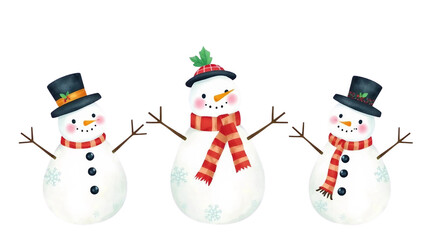Drei fr&ouml;hliche Aquarellschneem&auml;nner mit M&uuml;tzen und Schals, freigestellt auf transparentem Hintergrund, perfekt f&uuml;r Weihnachtskarten, Winterdeko und DIY-Projekte.