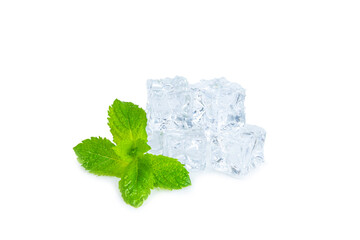 Mint and ice isolated on white background. Green fresh mint and ice cube. Mint leaves, ice cube and...