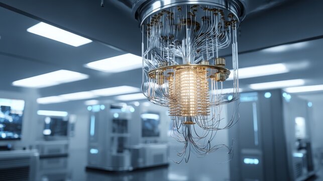 Quantum Computing System Interior View: Futuristic Technology and Advanced Computing Infrastructure for Data Processing