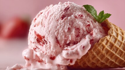 Strawberry Ice Cream Delight: A tempting scoop of strawberry ice cream overflows from a crispy waffle cone, a sprig of mint garnish adding a touch of freshness, against a blurred backdrop.