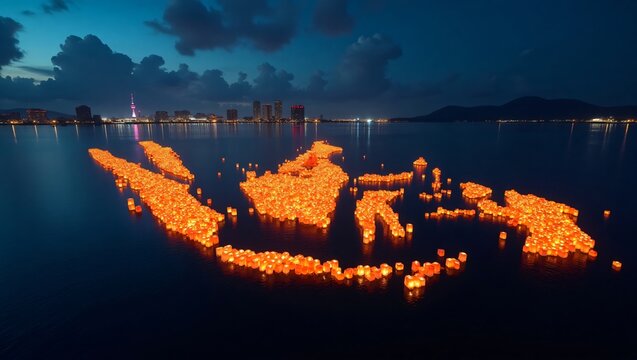 A formation of glowing floating lanterns creates the map of Indonesia on the sea at twilight.