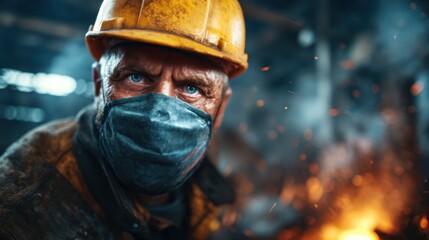 Fototapeta premium An intense portrait of a hardworking man wearing a helmet and mask, capturing the dedication and resilience of laborers in demanding environments like construction sites.