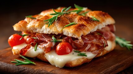 A mouth-watering gourmet sandwich loaded with crispy bacon, melted cheese, fresh tomatoes, and topped with aromatic herbs for an unforgettable flavor experience.
