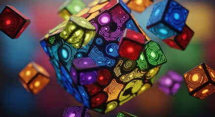 A Mystical Puzzle Box Disassembling into Levitating Cubes with Luminous Glyphs