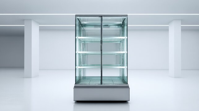 Commercial Glass Display Refrigerator Showcase with Shelves in a Minimalist White Room for Product Presentation