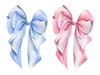 Bows coquette with many loops, satin, silk textile blue and pink pastel shades. Watercolor...