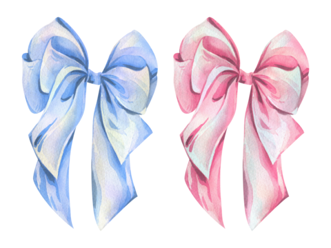 Bows coquette with many loops, satin, silk textile blue and pink pastel shades. Watercolor illustration hand-drawn. Set of isolated elements. For feminine, male and festive decor and designs