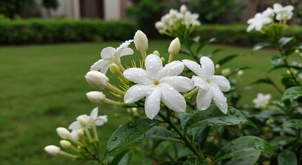 Scenic view of a closeup of white arabian jasmine flowers covered in dewdrops in a garden