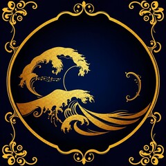 Golden Wave Design in Ornate Frame on Dark Blue Background