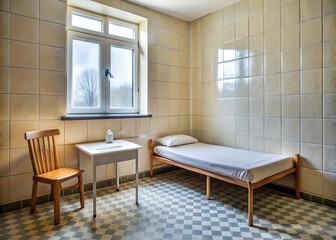 Abandoned asylum room with single bed chair and window showing faded hope