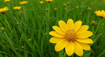 Obraz premium This stock photo features a sunny yellow flower in a lush green field, with a close-up view in vivid detail