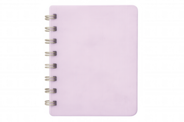 Light purple spiral notebook lying closed, studio-lit against transparent background, perfect for educational and office design mockups