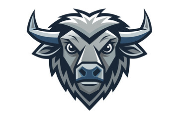 Fierce blue buffalo head with sharp horns and determined gaze faces forward intently