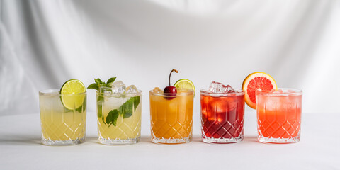 Five colorful cocktails in diamond cut glasses with fruit garnishes on white drink beverage