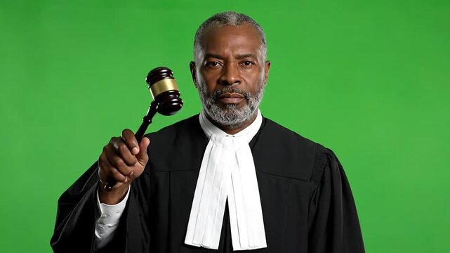 Contemplative Senior Judge with Gavel Delivers Final Verdict on a Green Screen Background
