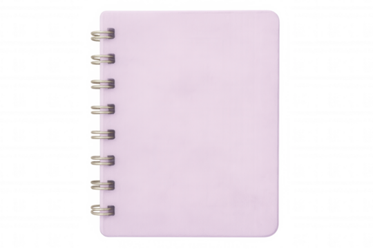 Light purple spiral notebook lying closed, studio-lit against transparent background, perfect for educational and office design mockups