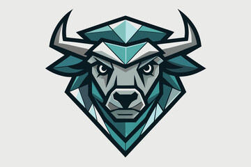 Fototapeta premium Geometric bull head showing strength with grey tones and teal highlights is presented