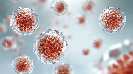 3D rendering of virus cells under the microscope, illustrating infection and cellular interaction with a focus on medical research