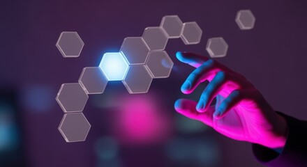 Interactive Technology Interface Concept with Hand Touching Hexagonal Grid, Modern Futuristic Design in Purple and Blue