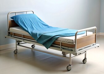 Empty hospital bed with blue linens and metal frame in a sterile room