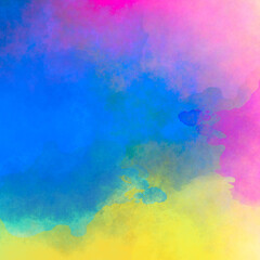 The image depicts an abstract watercolor design featuring a blend of vibrant colors. The colors include pink, blue, yellow, and purple, creating a soft and diffused visual effect.
