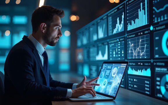 Businessman data analyzing digital graphs, charts, and marketing big data with futuristic holograms, data-driven decisions. Great for financial reports,. High quality