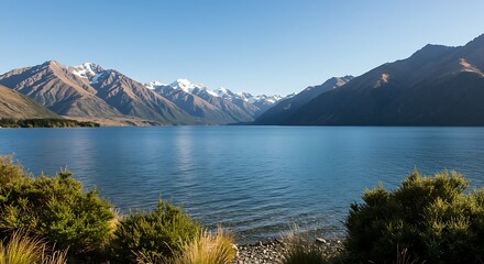 Naklejka premium A beautiful view of a pristine lake surrounded by majestic mountain ranges in the South Island of New Zealand