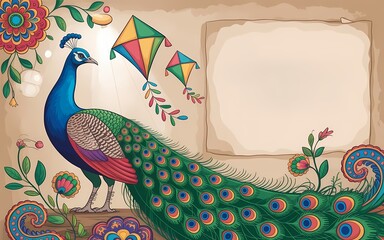 Vibrant peacock illustration for cultural event organizers, greeting card makers, textile designers, and home decor brands, ideal for festival posters, invitations, and traditional art prints