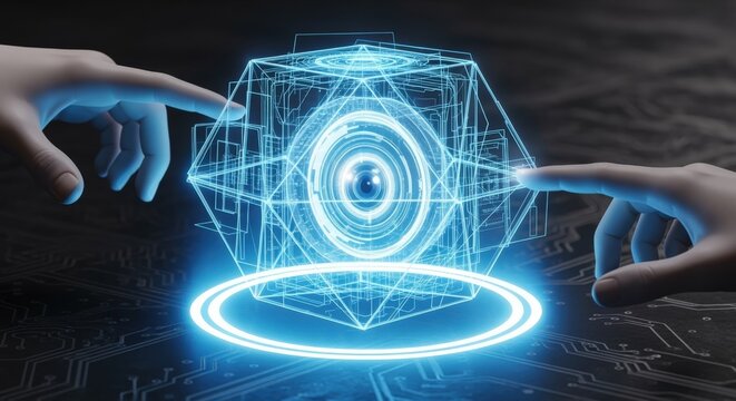 Futuristic Technology Interface with Hands Activating a Digital Core - High-Tech Concept