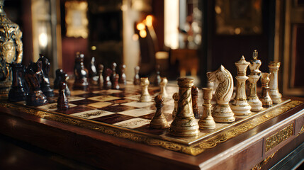 A chess board with pieces set up on a decorative table ready for a strategic game to begin soon
