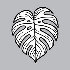 monstera leaf isolated black and white outline