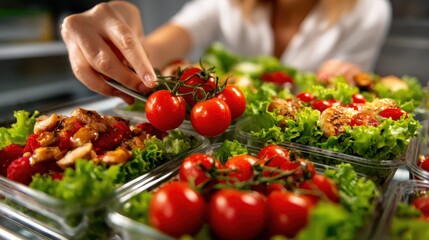 A hand carefully arranges fresh tomatoes over vibrant salads in meal prep containers, showcasing healthy eating and food preparation for meal planning enthusiasts.