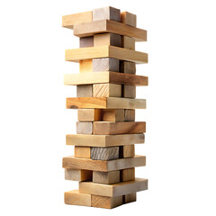 Tall tower of weathered wooden blocks stacked precariously on white background PNG.AI Generated