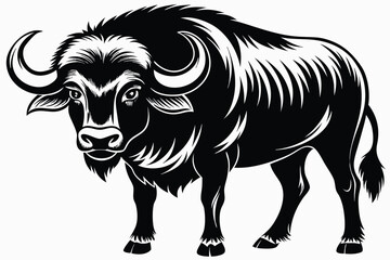Bold black and white illustration displays a strong standing ox with large horns