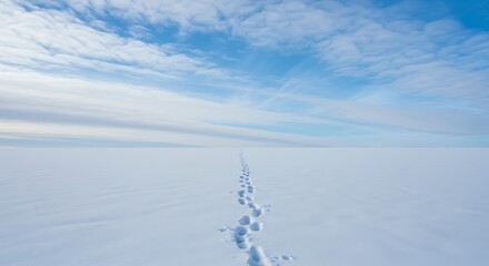 A vertical shot of a landscape covered with white snow and footprints with a cloudscape in the background in vivid detail