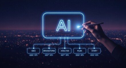 Artificial Intelligence Concept with Glowing Neon Diagram Representing Brainstorming, Analysis, Planning, and Implementation in Digital Space