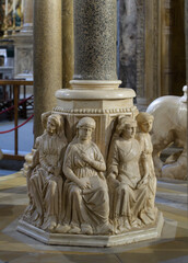 Detail of the personifications of the liberal arts at the base of the central column of the pulpit in Siena Cathedral, sculpted by Nicola Pisano between 1265 and 1268.
