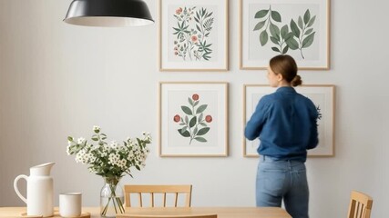 Woman hangs botanical art on wall