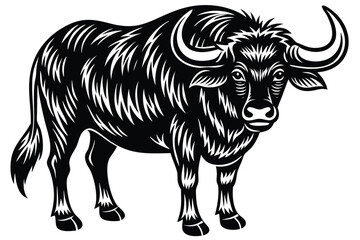Bold black bull stands strong with curved horns, showcasing detailed fur texture