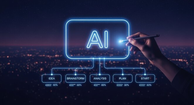 Artificial Intelligence Concept with Glowing Neon Diagram Representing Brainstorming, Analysis, Planning, and Implementation in Digital Space