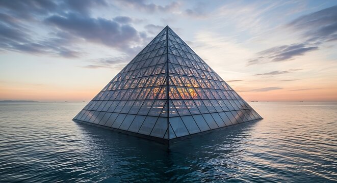 Glass Pyramid Structure in Water at Sunset with Cloudy Sky, Reflective Surface - Powered by Adobe