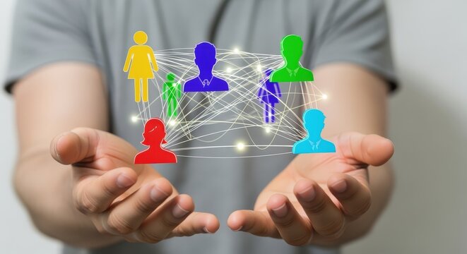 Hands Holding Network Graphic Representing Connection, Communication, Relationships, and Teamwork for Business and Technology