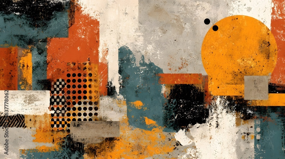 Poster an abstract visually striking composition featuring a blend of bold colors geometric shapes and text
