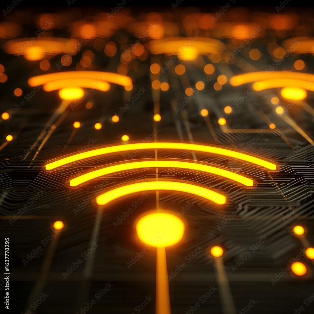 Poster abstract representation of wireless connectivity with glowing signals over a circuit board backgroun