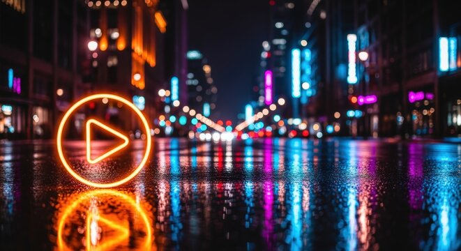 Vibrant Cityscape at Night with Neon Play Button Overlay: Urban Entertainment and Streaming Concept