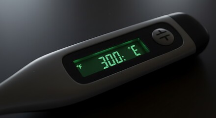 Close-up of a digital thermometer showing temperature reading. Soft lighting and ultra-detailed screen interface.