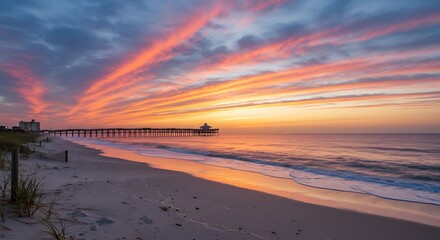 Scenic view of a beautiful early morning sky at myrtle beach, sc with the apache pier in the background
