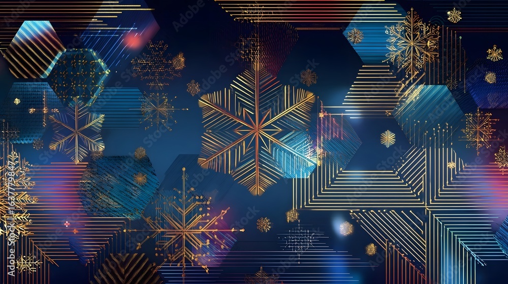 Poster intricate iridescent snowflake patterns glimmering against a dark starry night sky creating a dazzli